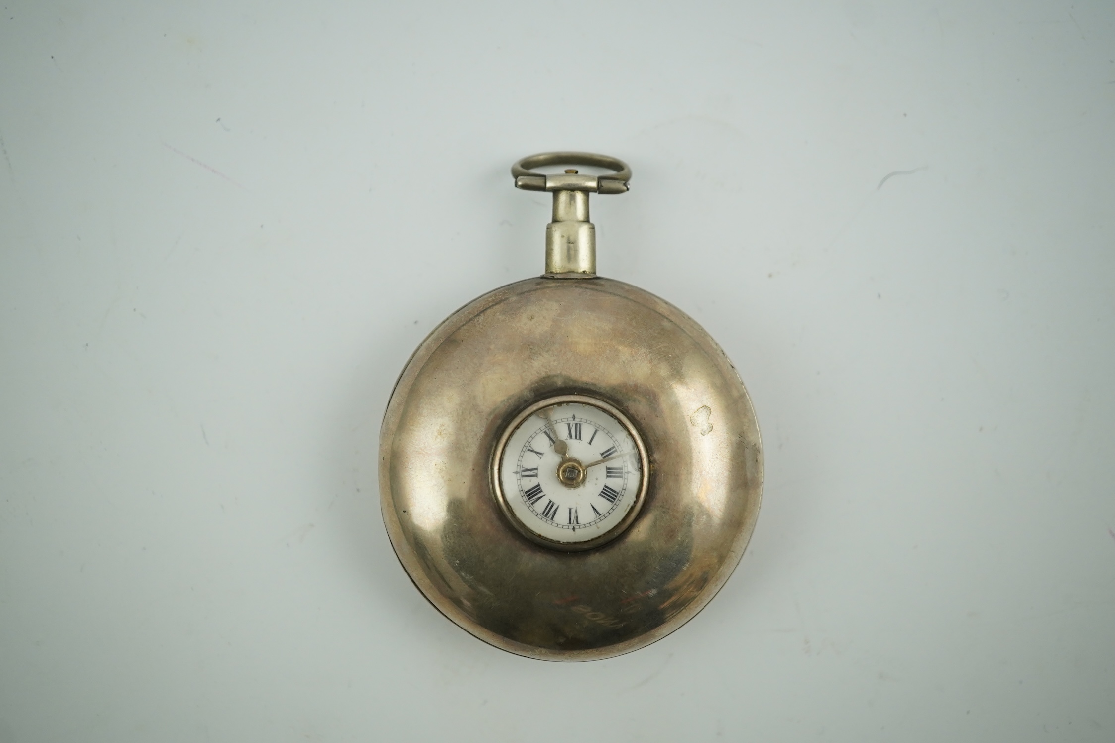 An unusual George III silver half hunter keywind pocket watch, by Recordon & Dupont, Cockspur St. Charing Cross, London, with Roman dial(a.f.), case diameter 48mm, case hallmarked for London, 1796. Condition - poor